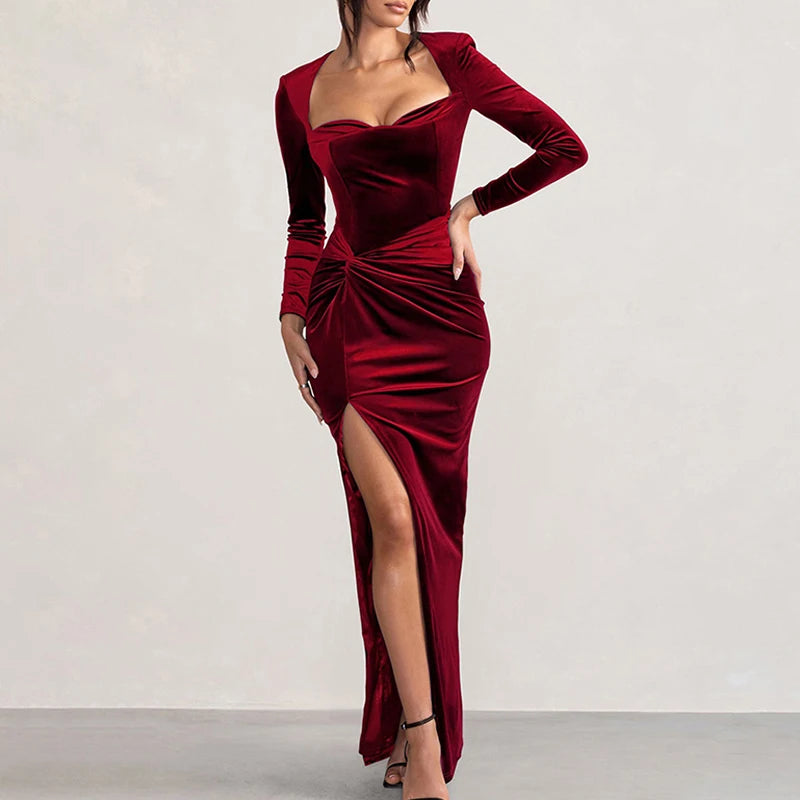 Winter Casual Solid High Waist Long Dress New Women Long Sleeve Slit Party Dress Lady Elegant Square Collar Bodycon Velvet Dress