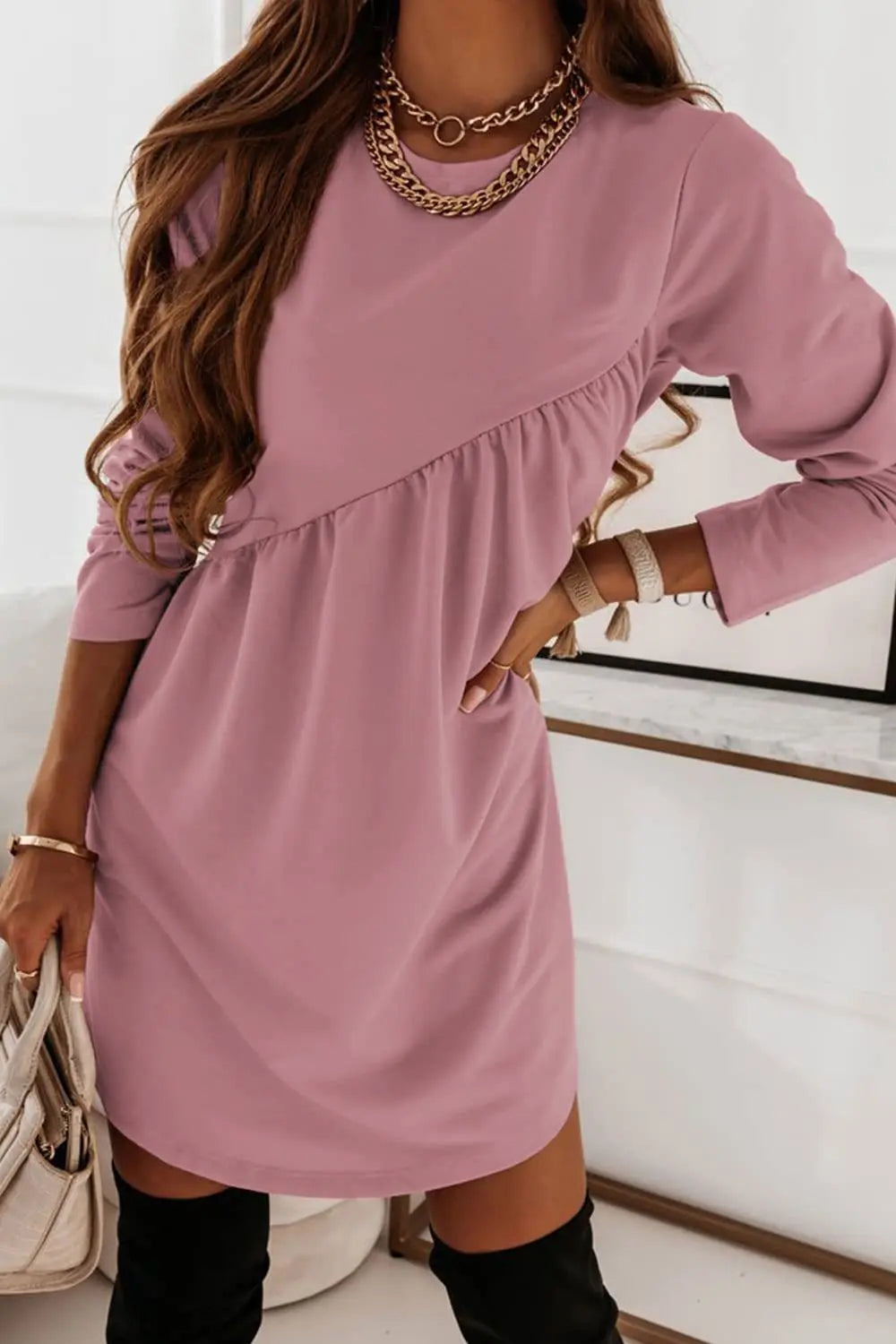 Women Loose Sweatshirt Dress Spring Autumn Female Round Collar Long Sleeve Solid Color Sporty Dresses YSY-YSY3072