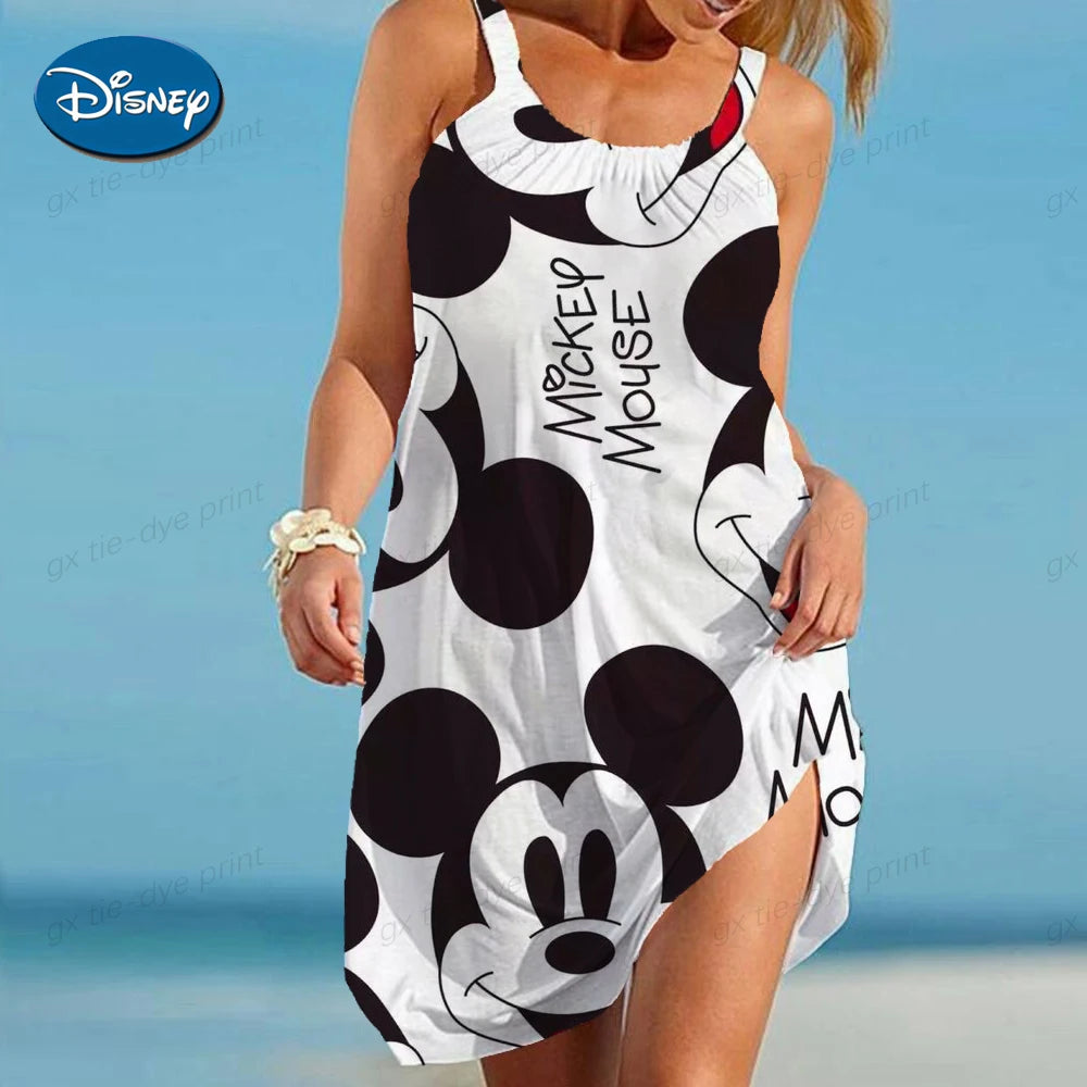 Disney Minnie Mickey Mouse Women Dresses 3D Dye Print Fashion Sleeveless Summer Halter Casual Sexy Dress Loose Kawaii Dress