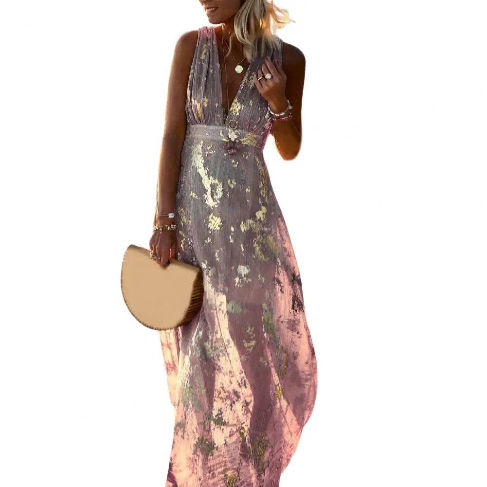 Flowy Hem Quick Drying Ankle-Length Summer Elegant Bronzing Printing Beach Party Maxi Dress Holiday Dress Streetwear