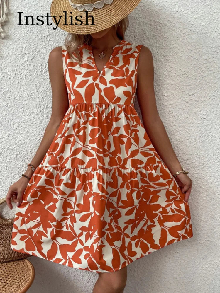 Women Boho Print Mini Dress Summer Elegant Sleeveless V Neck Ruffle A Line Tank Dress Casual Loose Oversize Beach Party Sundress