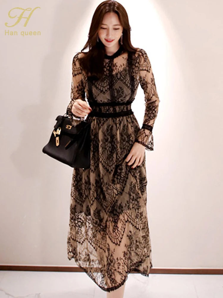 H Han Queen Hot sale Autumn Elegant Sexy Women Vintage Lace Dress Long Sleeve O-Neck Robe Femme High Waist Casual Party Dresses