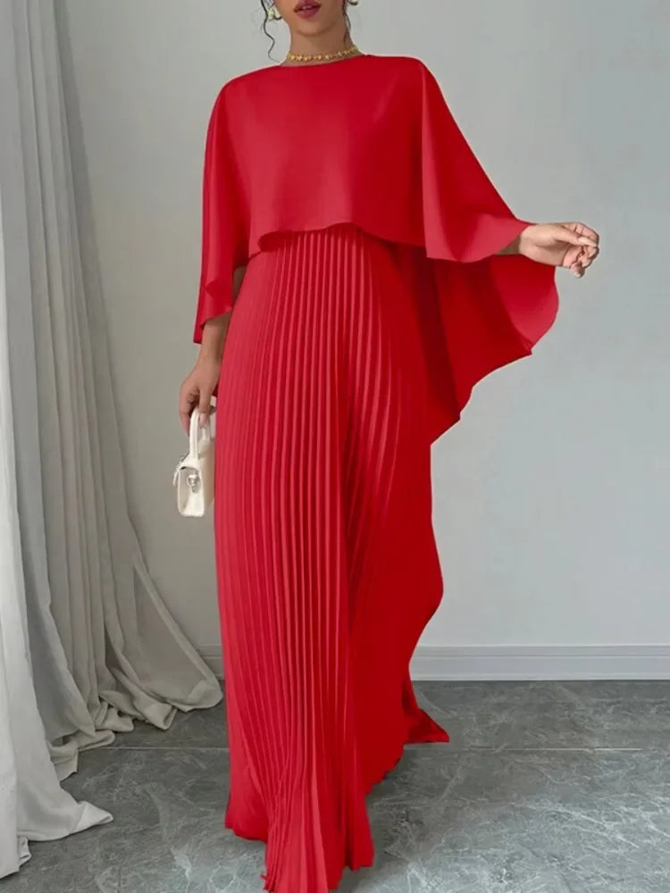 UOOZEE 2024 New Female Stylish High-Low Party Evening Maxi Dresses Spring Autumn Cape Sleeves Solid Color Pleated Long Dress