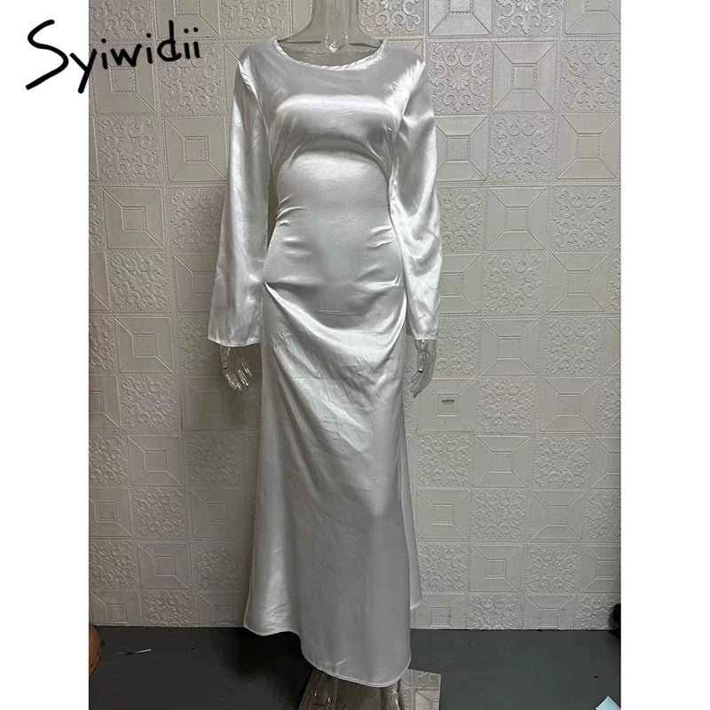 Syiwidii Maxi Dresses for Women Flare Sleeve Solid Dress O-Neck Slim Dresses 2024 New Fashion Casual Lady Elegant Party Dress