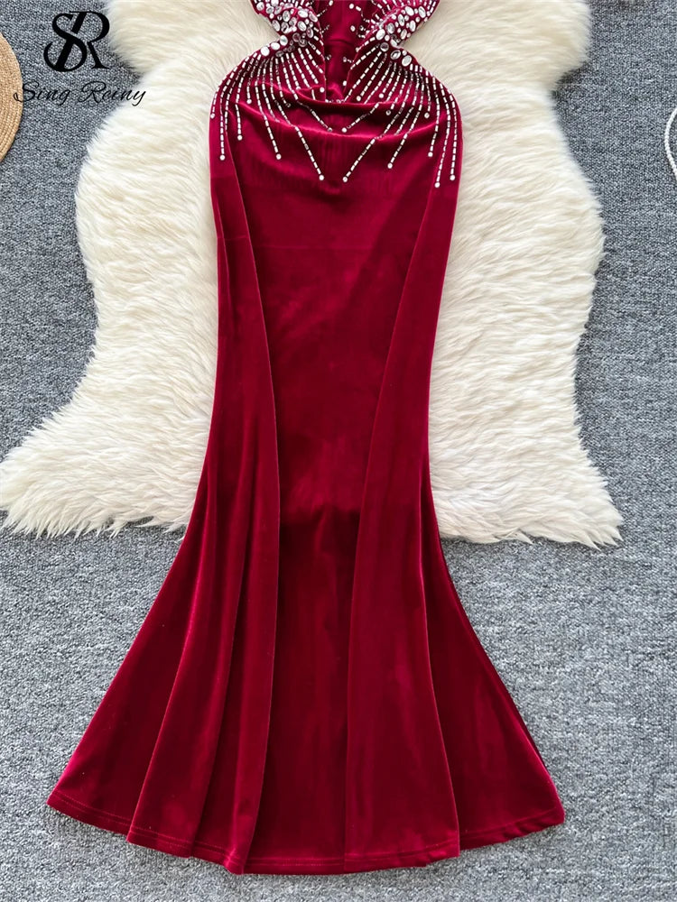 SINGRAIN Senior Evening Party Dress Spaghetti Strap Strapless Diamonds Design Women Elegant Fashion Bodycon Velvet Long Dress