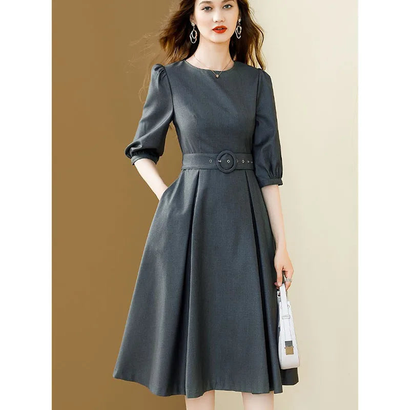 Women Round Neck Solid Color Maxi Dress Spring Autumn Female Medium Long Styles Long Dresses Ladies Fashion Puff Sleeve Vestidos