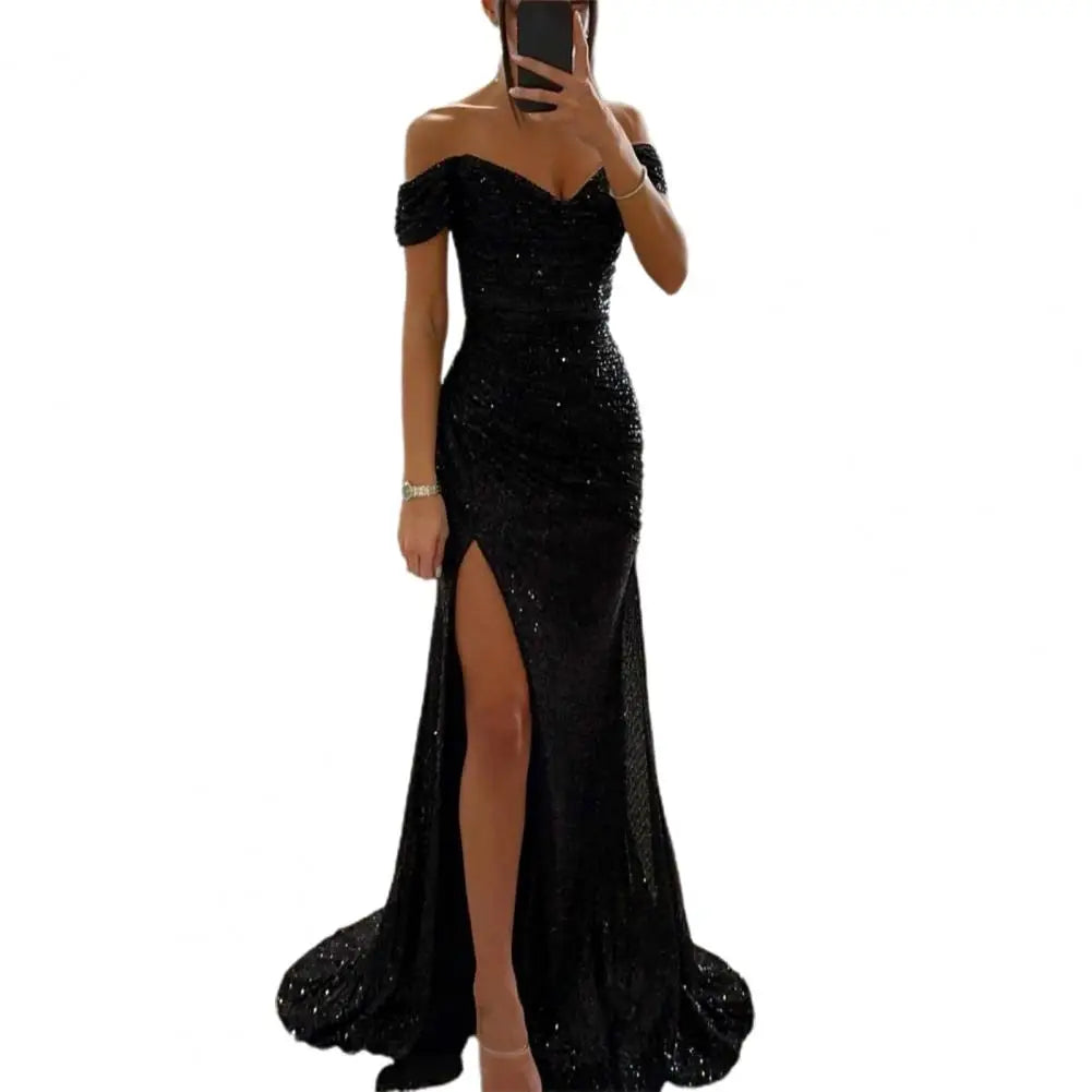 Women V-Neck Off Shoulder Maxi Dress Sequin Pleated Short Sleeve Waist Tight Evening Party Prom Dress Slim Sexy Split Long Dress