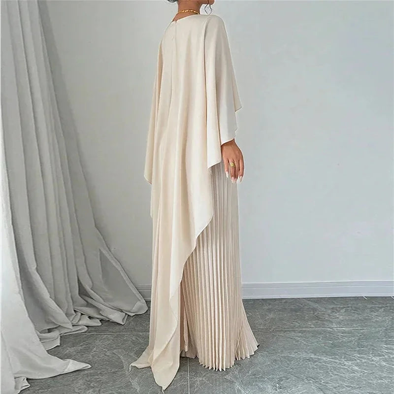 Women Elegant Crew Neck Irregular Shawl & Vest Pleated Dresses Autumn Solid Color Cloak 2 Piece Set Loose Evening Gown Vacation