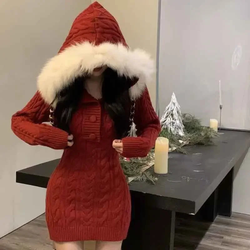 Sweet Knitted Mini Dress Women Y2K Autumn Winter Hooded Kawaii Slim Dress Female Elegant Christmas Warm Pullover A Line Dress