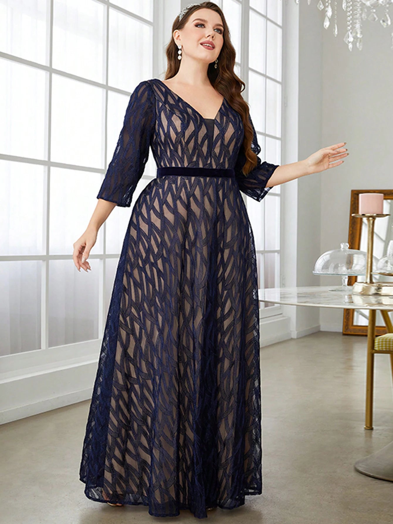 Mgiacy V-neck lace embroidered mid-long sleeve gown ball dress Party dress Bridesmaid dress