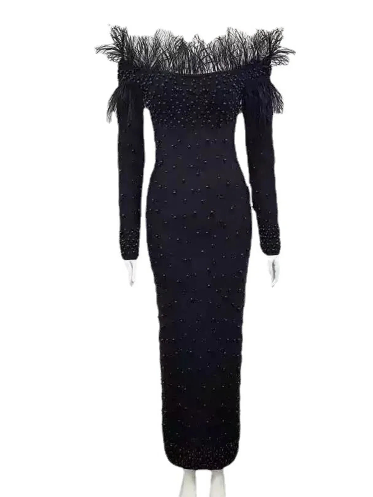 Evening Dress Long Sleeve Off Shoulder New White Beads Elegant  Women's Wear Slim Feather Neckline Beaded Dress Tassel Bandage