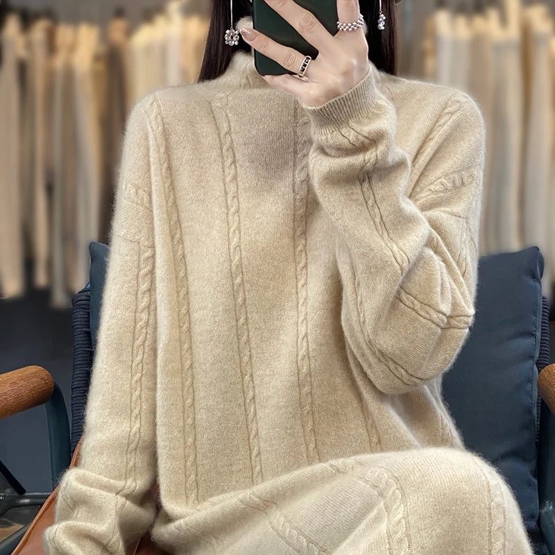 LHZSYY Turtleneck 100% Pure Wool Dress Women's New Autumn Winter Hip Wrap Knit Skirt High-End Sweaters Loose Cashmere Long Dress