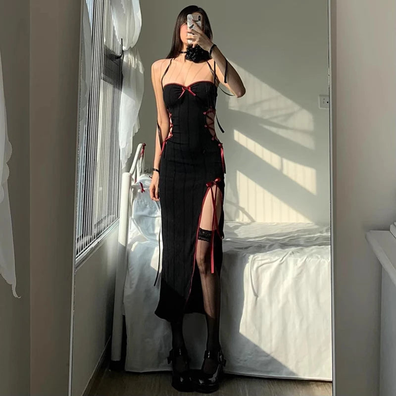 WhereMery Gothic Sexy Bow Applique Bandage Long Dress Aestheitic Strapless Skinny High Slit Dresses Y2K Fashion Club Party Dress