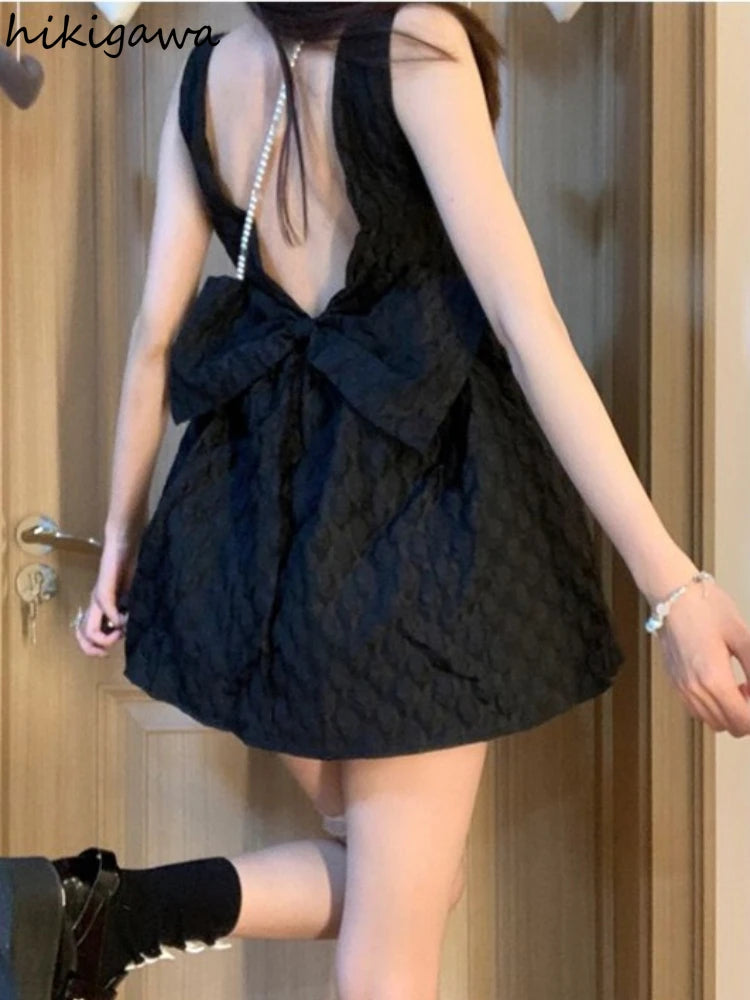 Black Woman Dress 2024 Vestidos De Mujer Bandage Bow Sleeveless Tunic Summer Robe Femme Square Collar A-line Sexy Dresses 7n927