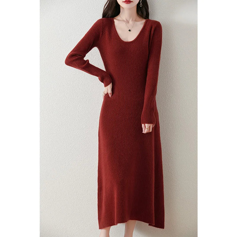 VU Collar Slim Fit 100% Merino Wool Women's AutumnWinter New Style Long Sleeved Warm Solid Color Pullover Fashionable Knit Dress