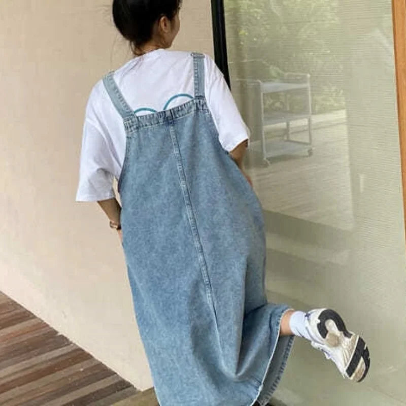 Spring Summer Denim Overall Dress Women Sleeveless Jeans Dresses Fashion Female Solid Slip Casual Loose Spaghetti Strap Dresses