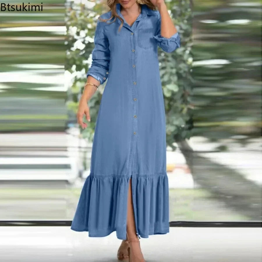 2025 Women's Casual Long Sleeve Jeans Dress Korean Fashion Ladies' Oversized Denim Dress Loose Elegant Beach Streetwear Dress