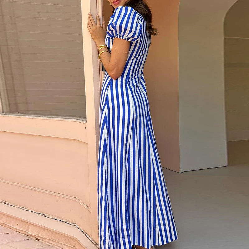 Fashion Holiday Beach Big Hem Dresses Female Striped Print High Waist A-line Long Dress Sexy Deep V Neck Puff Sleeve Party Dress