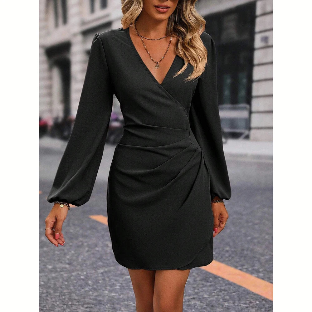 Mia Muse Women's Dresses Autumn Fitting Slim Waist In Design Plain Long Sleeve V-Neck Mini Shift Fashion Dresses