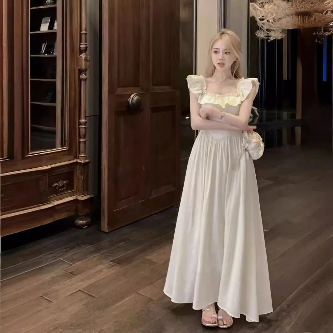 Summer 2024 New Long Dresses Ruffle Sleeveless White/pink Dress Women's Clothing Sweet Square Neck Vestidos Largos Traf 원피스 Y2k