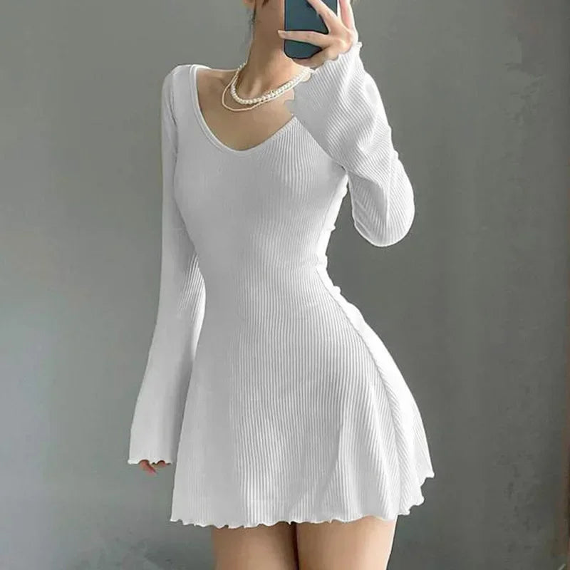 Solid U Neck Backless Sexy Mini Dress Y2K A-Line Flared Long Sleeves Knitted Dress Women Basic Autumn Winter Streetwear Chic