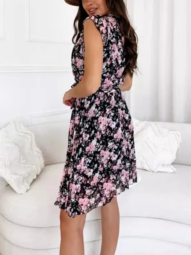 Women's Summer Vacation Flower Pleated Drifting Sleeves Wrapped Waist Leisure Fragmented Mid Rise Dress