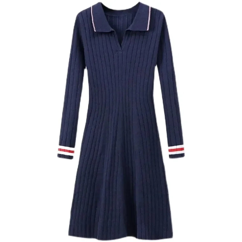 Autumn Winter Polo Collar Tweed Style Long Sleeve Knit Dress Slimming Casual Innerwear Sweater Skirt For Women