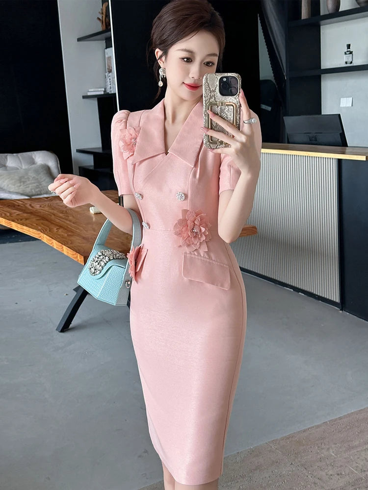 Sweet Work Style Business Formal Lapel Pencil Dress Women Elegant Commute Puff Sleeve Slim Party Birthday Vestido Street Clothes