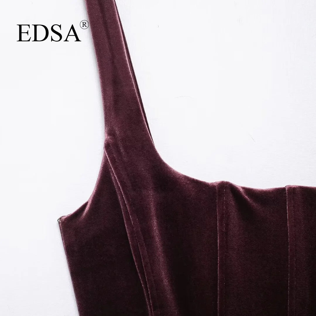 EDSA Women Gathered Corsetry-inspired Mini Dress with Straps Square Neckline Side In-seam Pockets Short Dresses