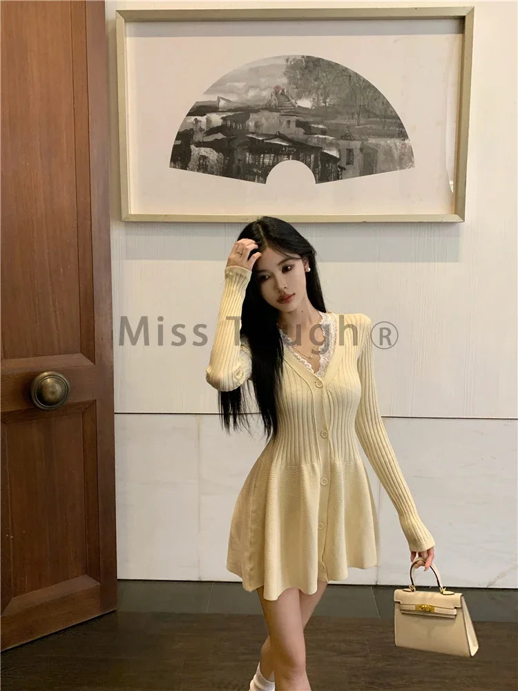 Autumn Korean Fashion V Neck Knit Dress Women Designer Sweet Slim Sweater Dresses Female Retro Solid Y2k Knitted Mini Dress New