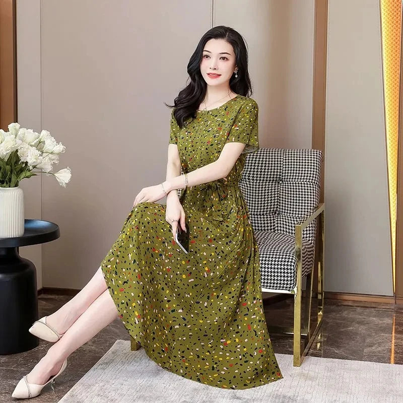 Short Sleeve Cotton Vintage Print Dresses for Women Casual Loose Long Summer Dress Vestidos De Fiesta Elegantes Para Mujer 2024