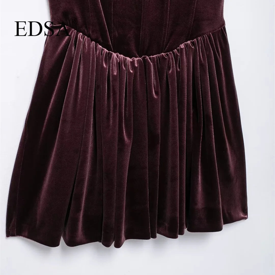 EDSA Women Gathered Corsetry-inspired Mini Dress with Straps Square Neckline Side In-seam Pockets Short Dresses