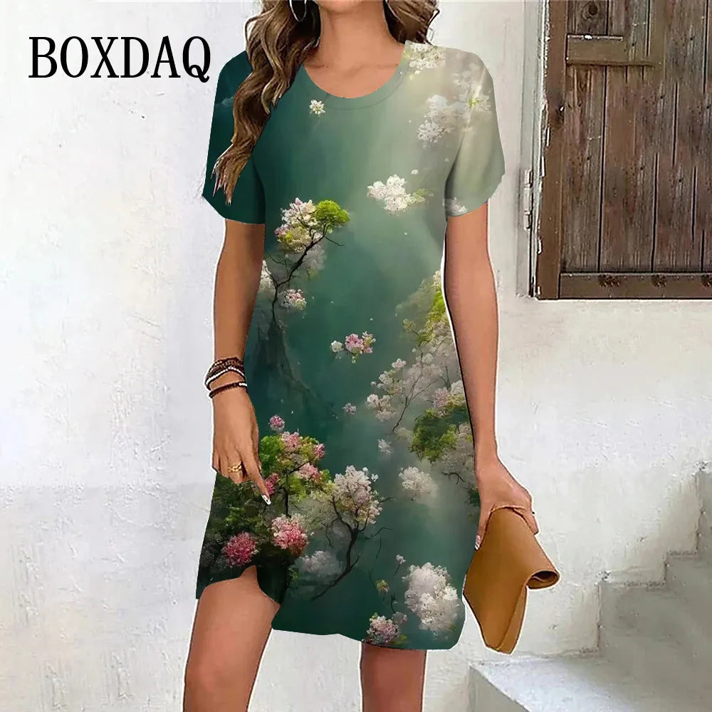 New 2024 Summer Dresses Women Tie Dye Scenery Flower Print Dress Female Clothing Casual Retro Short Sleeve Loose Plus Size Dress