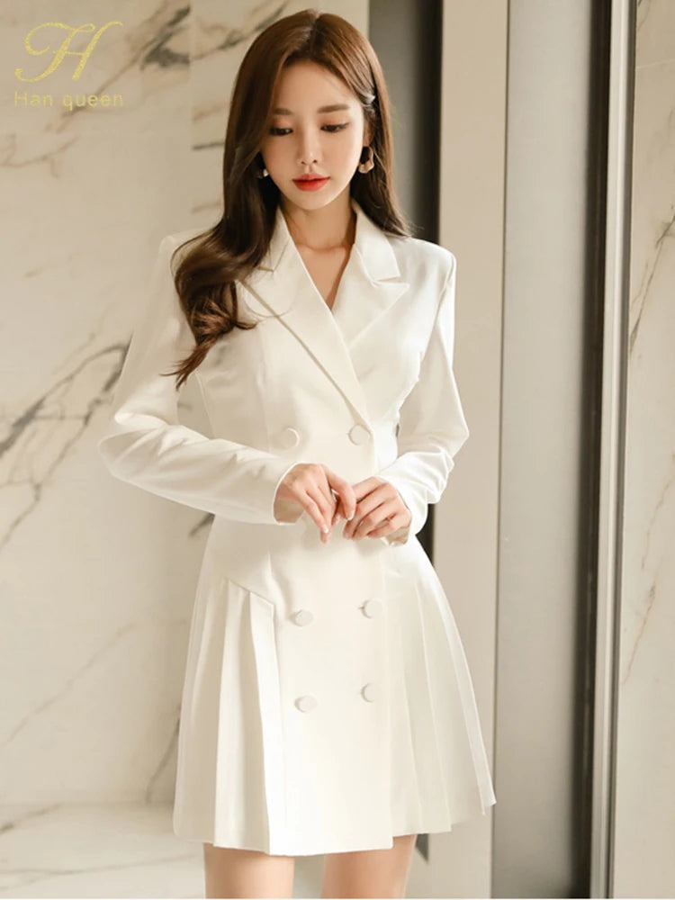 H Han Queen Autumn Elegant White Occupation Double-Breasted Pleated Dress Women Office Dresses Simple Slim Party Casual Vestidos