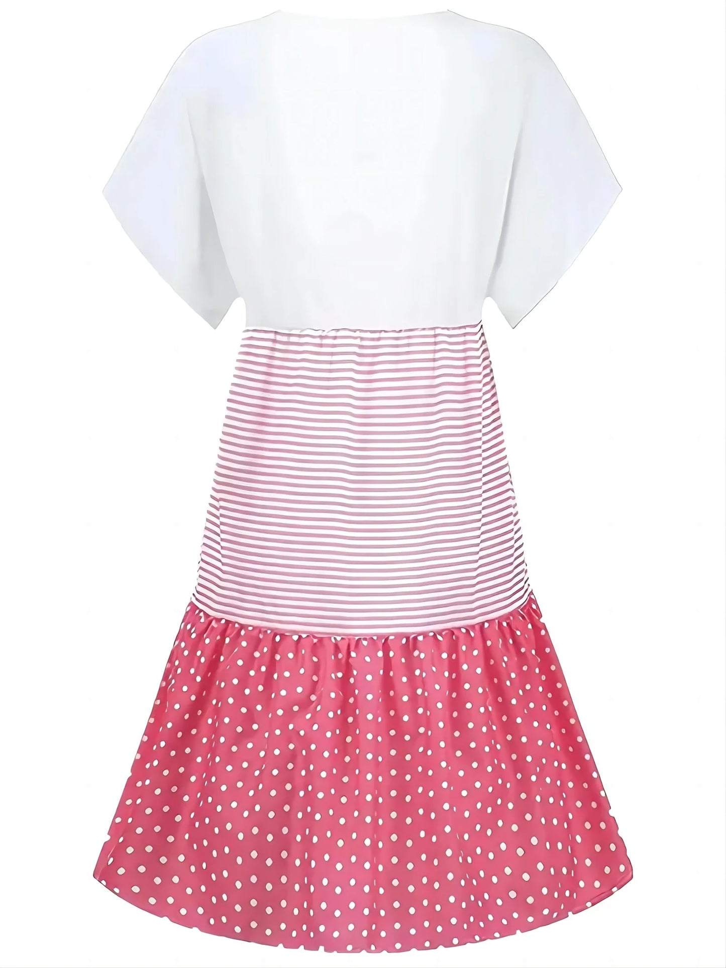 V-neck Short-sleeved Dress With Striped Polka Dots Striped Polka Dot Patchwork Contrasting Loose Fitting Dress