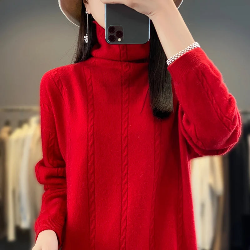 LHZSYY Turtleneck 100% Pure Wool Dress Women's New Autumn Winter Hip Wrap Knit Skirt High-End Sweaters Loose Cashmere Long Dress