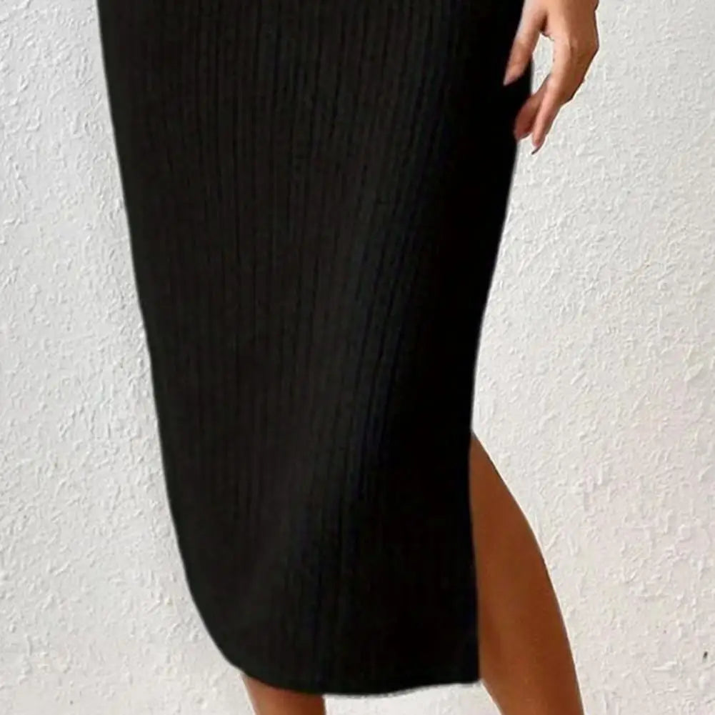 Women Summer Dress Split Hem Knitted Elastic Mid-calf Length Knitted Slit Dress Lady Party Commute Casual Ins Style Midi Dress