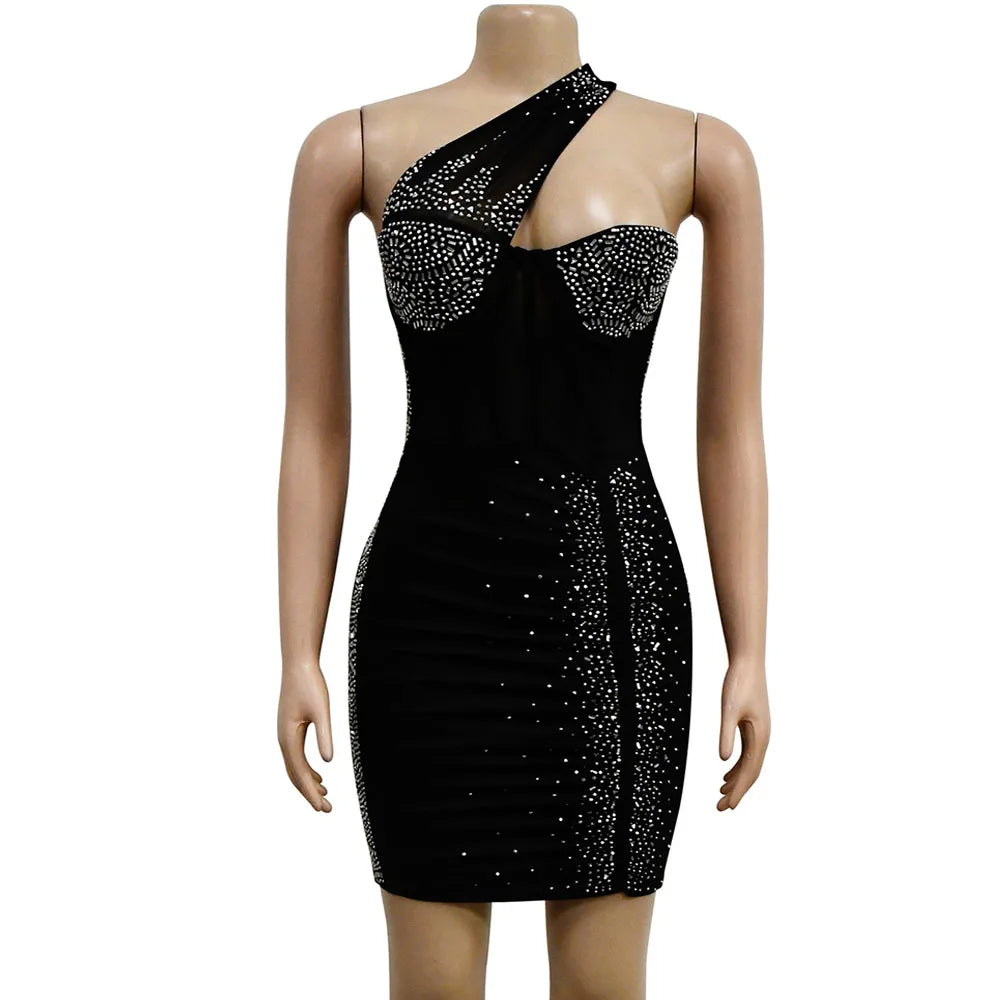 Incline Shoulder Mesh Rhinestone Short Prom Dress See Through Night Club Outfits Evening Gowns Party Sexy Bodycon Mini Dresses