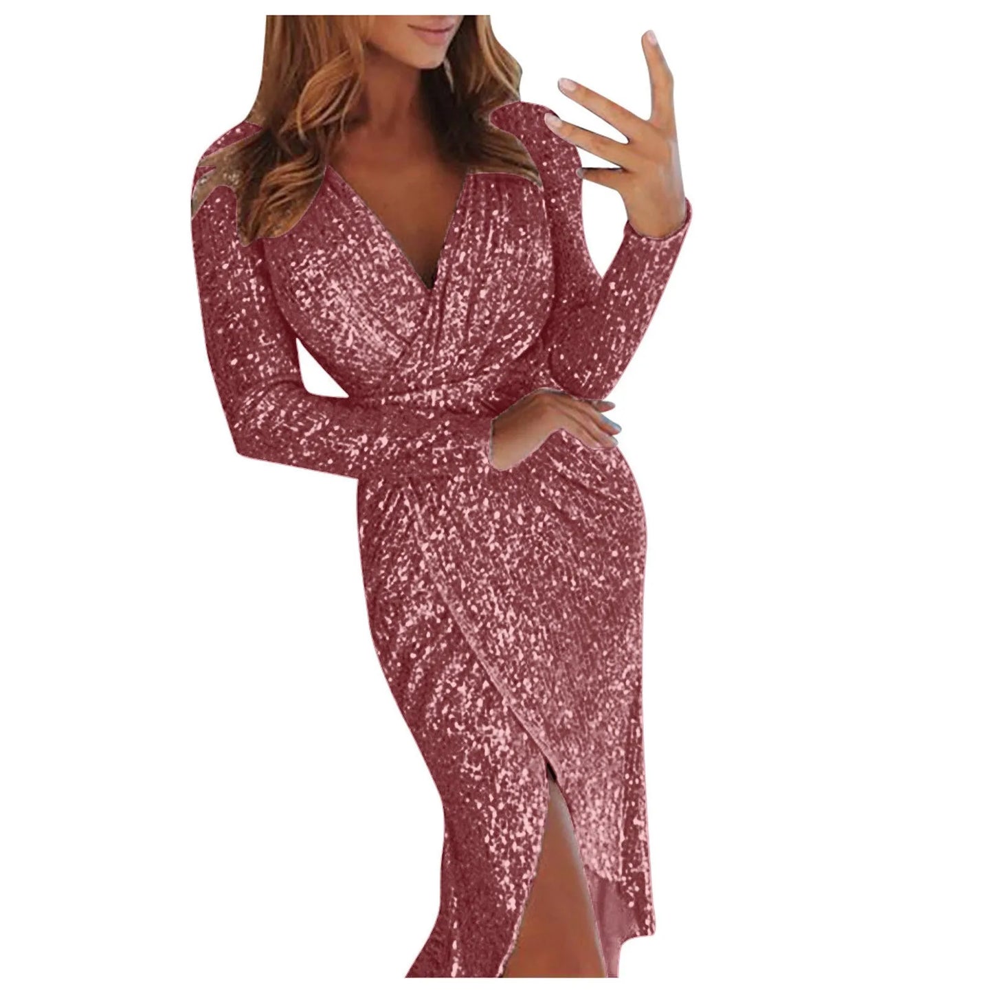 Elegant Women Evening Party Dress Shiny Sequin Deep V-Neck Nightclub Formal Dress Bodycon Irregular Hem Long Dress For Wedding