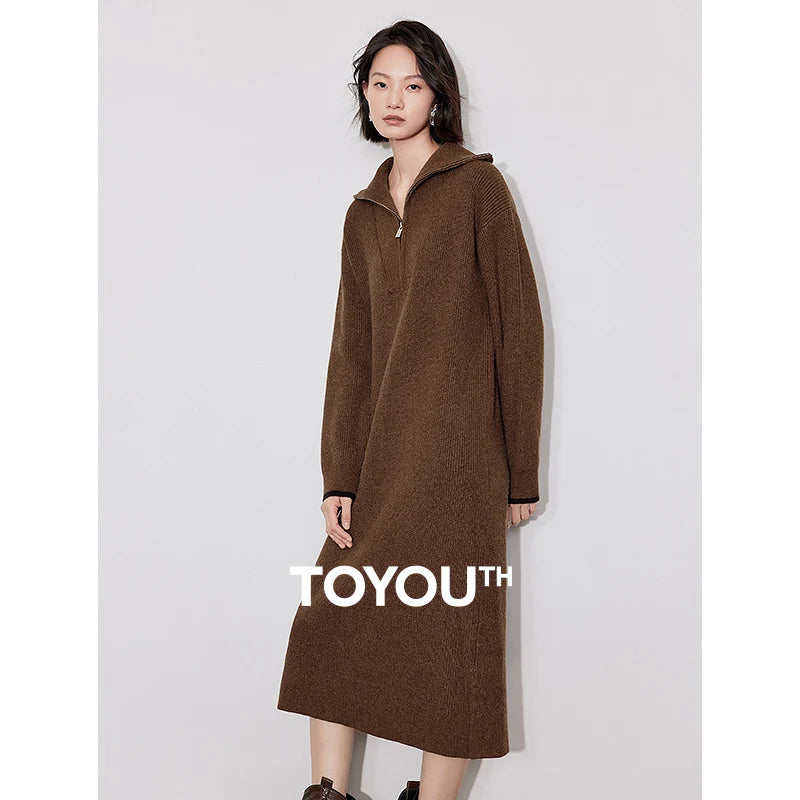 TOYOUTH Women Knitted Dress 2024 Autumn and Winter New Zipper Turn Down Collar Ankle Length Lazy Style Dress