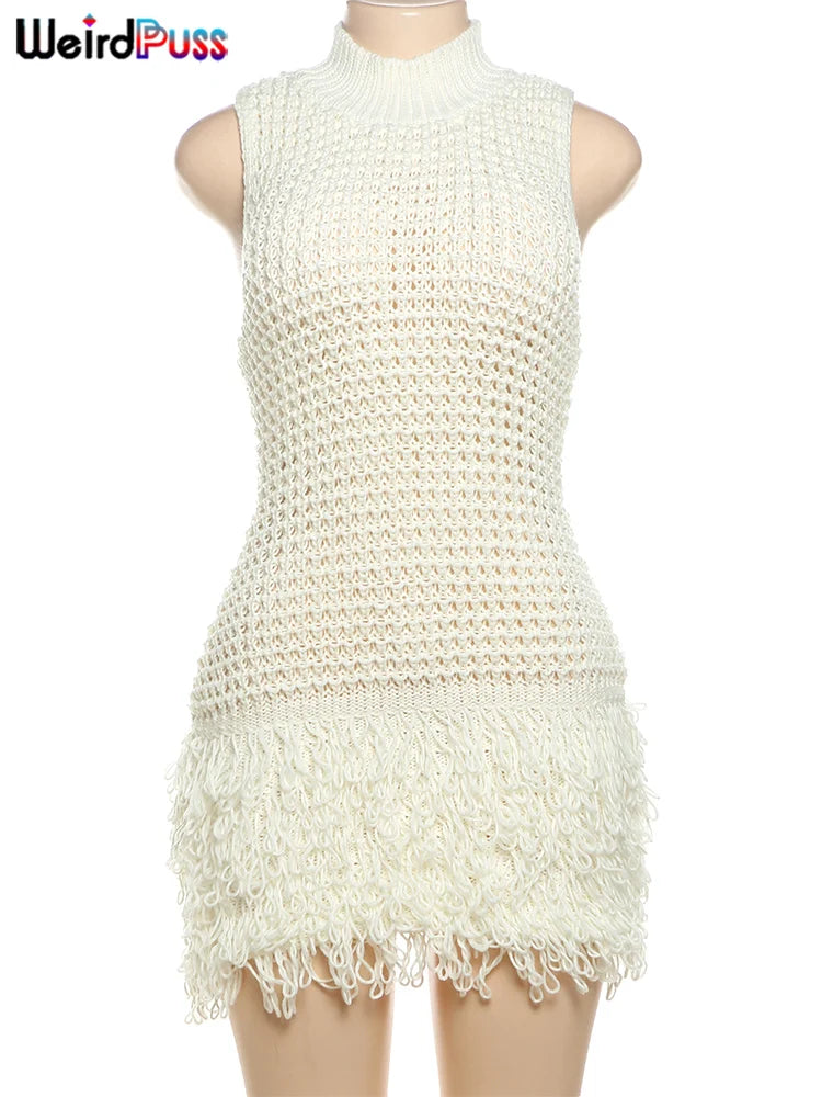 Weird Puss Chic Y2K Dress Women Sexy Crochet AutumnTrend Tassel Hem Sleeveless Stretch Fashion Beach Vacation Clubwear Bodycon