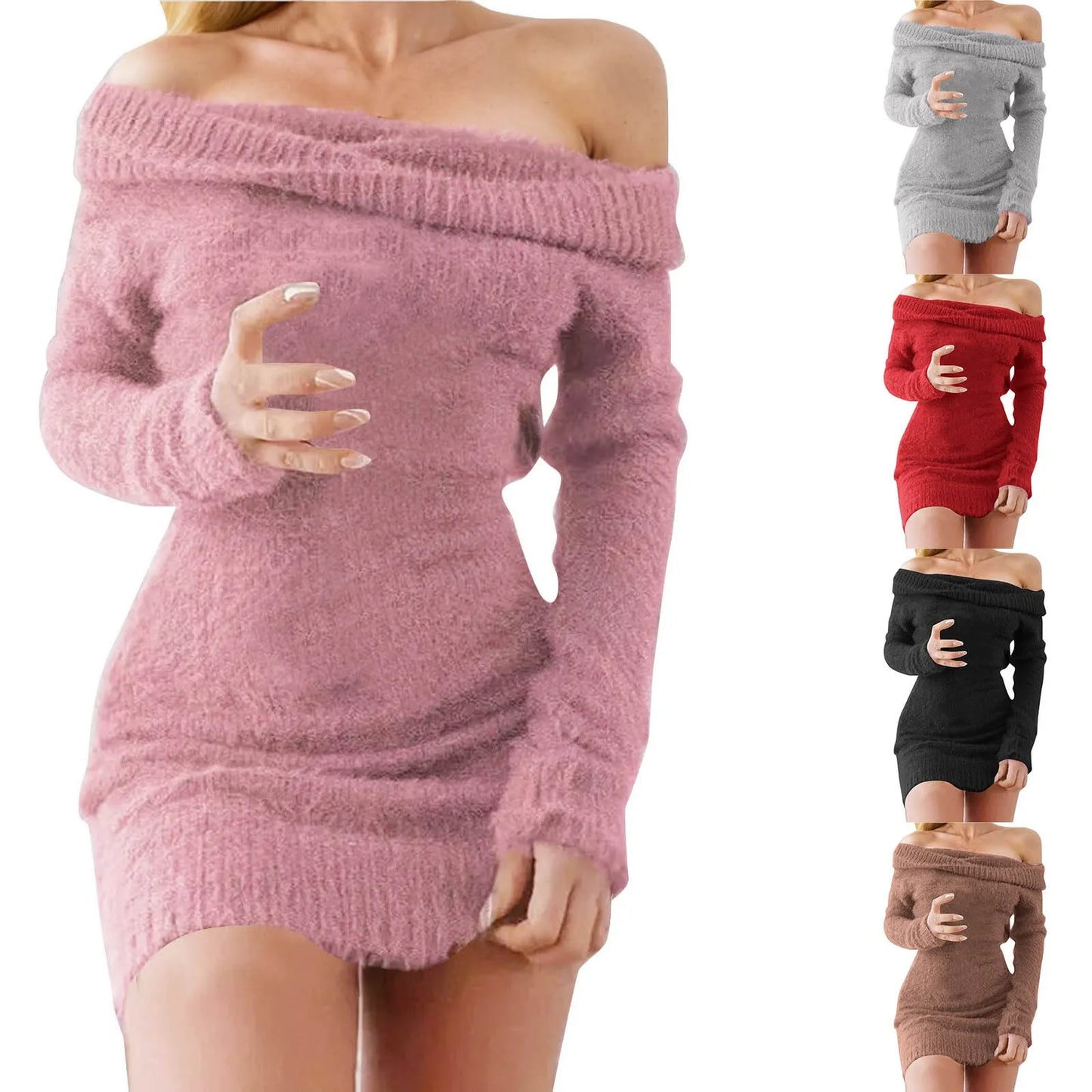 Sexy Off Shoulder Fuzzy Sweaters Dresses Women's Long Sleeve Knitting Warm Plush Sweater Dress Ladies Slim Wrap Hip Mini Dress