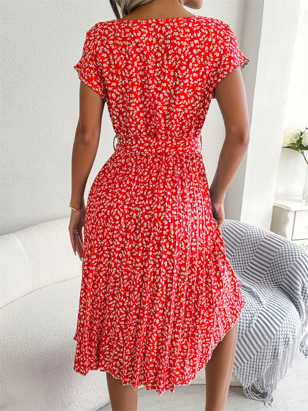 Women Spring Summer Short Sleeve High Waist Chic Dress Fashion Floral Pleated A Line Long Dress