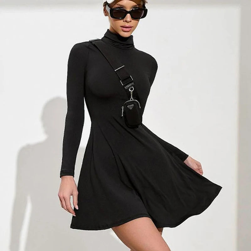 Black Sexy A-Line Dresses New Autumn Women Streetwear Fashion Long Sleeves Turtleneck Casual Slim Dresses Club Party Lady Dress