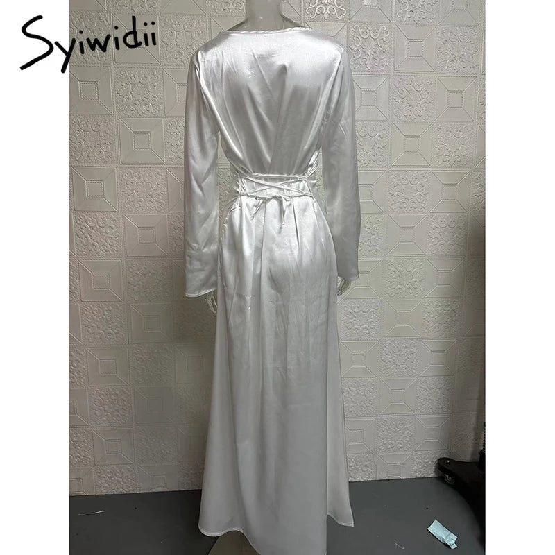 Syiwidii Maxi Dresses for Women Flare Sleeve Solid Dress O-Neck Slim Dresses 2024 New Fashion Casual Lady Elegant Party Dress