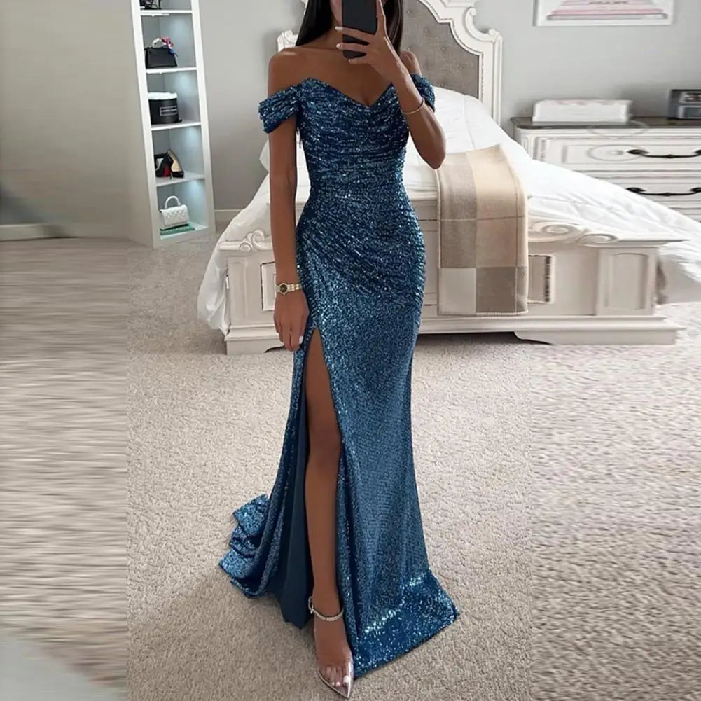 Women V-Neck Off Shoulder Maxi Dress Sequin Pleated Short Sleeve Waist Tight Evening Party Prom Dress Slim Sexy Split Long Dress