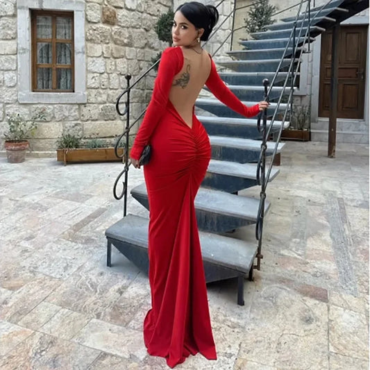 Women's Red Fashion Commuter Banquet ins Slim Long Sleeve Backless Sexy Package Hip Dresses