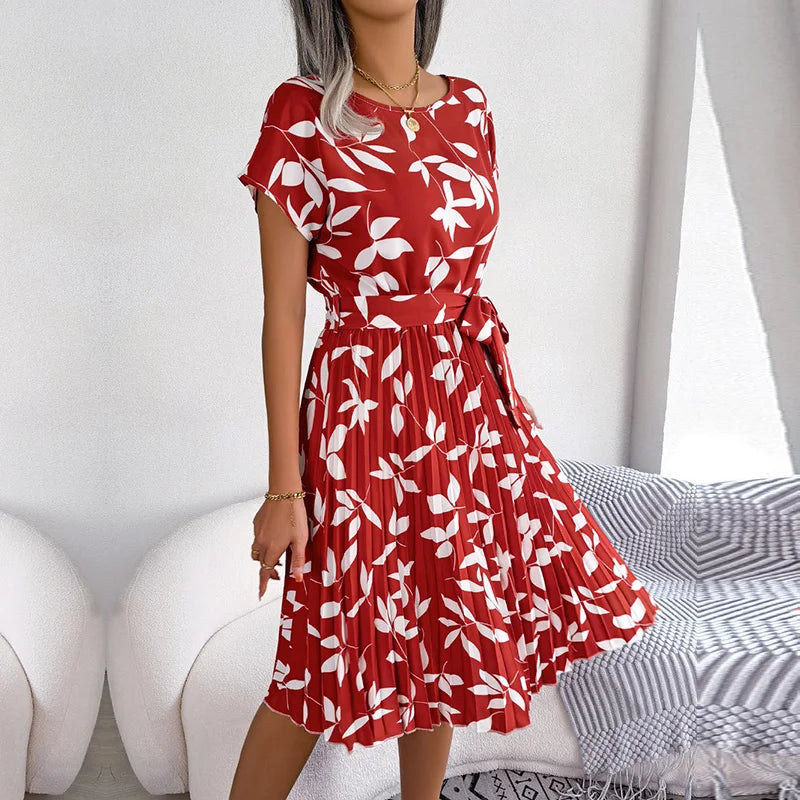 Women Spring Summer Short Sleeve High Waist Chic Dress Fashion Floral Pleated A Line Long Dress