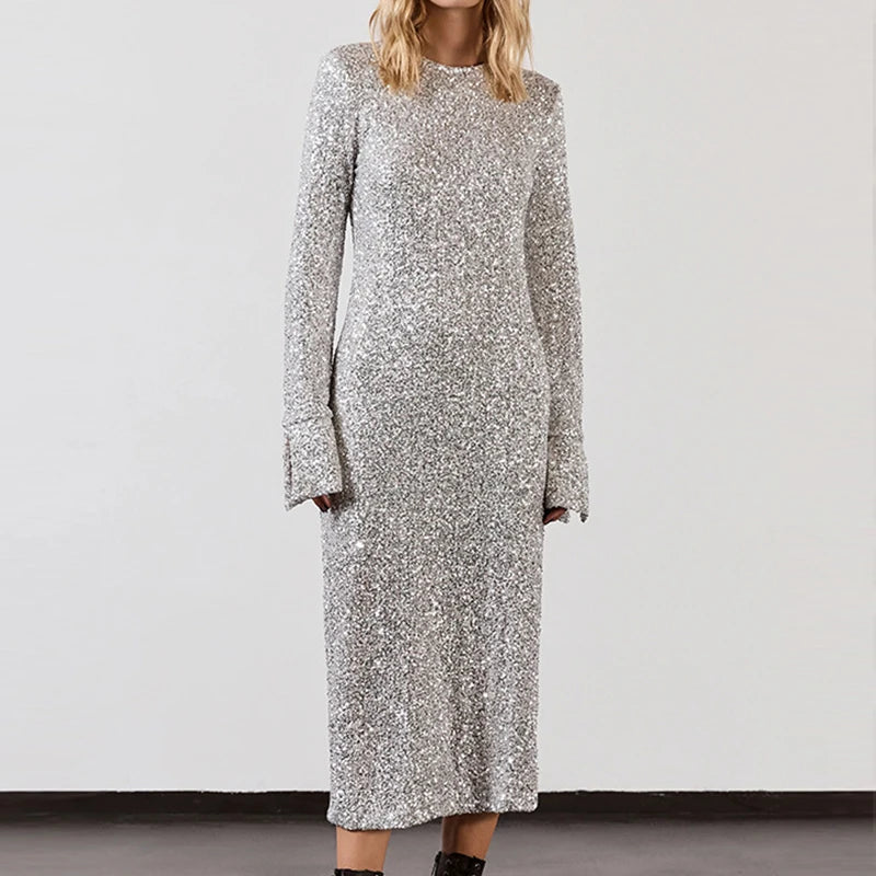 Elegant Sequins Glitter Party Dress Formal Occasion Women O-Neck Hollow Backless Shinny Dress Chic Winter Long Sleeve Long Dress