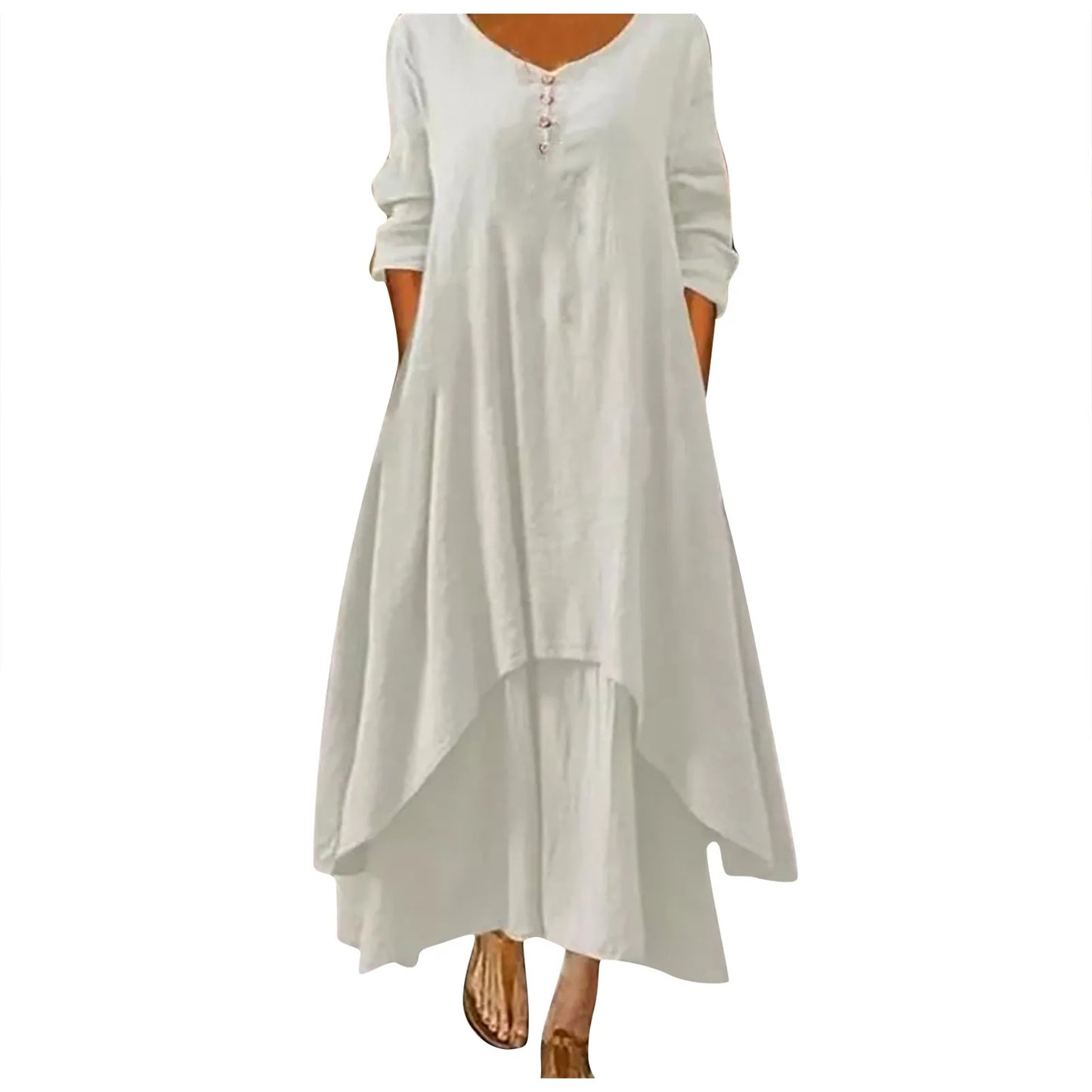 Cotton Women'S Casual Fashion Loose Long Dress With Button Solid Color Dresses